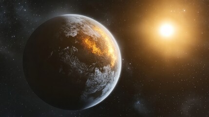 Poster - Detailed view of a water-covered exoplanet illuminated by a distant sun in a vast galaxy