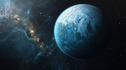 Poster - Detailed view of a water-covered exoplanet in deep space showcasing its unique atmosphere and distant galaxies