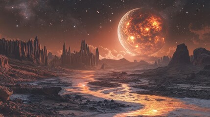 Poster - Close-up view of a distant exoplanet showcasing fiery atmosphere and rugged terrain under a starry sky