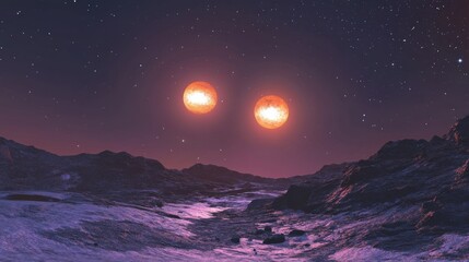 Poster - Breathtaking cosmic landscape features twin suns illuminating an alien terrain at dusk