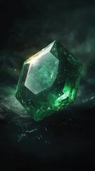 Poster - Emerald gemstone displaying vibrant green hues with intricate facets in an ethereal setting