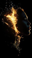 Poster - Silhouette of a face surrounded by a vivid roaring fire against a dark background