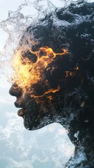 Aufkleber - Silhouette of a face with roaring fire and water elements blending in a surreal artistic display at twilight