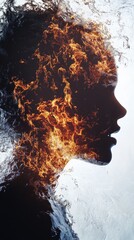 Aufkleber - Silhouette of a face intertwined with a roaring fire creating a striking visual contrast against a water background