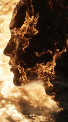 Poster - Silhouette of a face surrounded by roaring flames creating a striking contrast of light and shadow