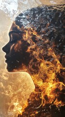 Poster - Silhouette of a face blending with a roaring fire creating a striking visual contrast in an intense display of warmth and energy