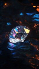Poster - Radiant diamond shining on dark water surface with colorful reflections in a tranquil setting