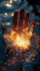 Aufkleber - Hand reaching out with water droplets reflecting light in a serene environment at dusk