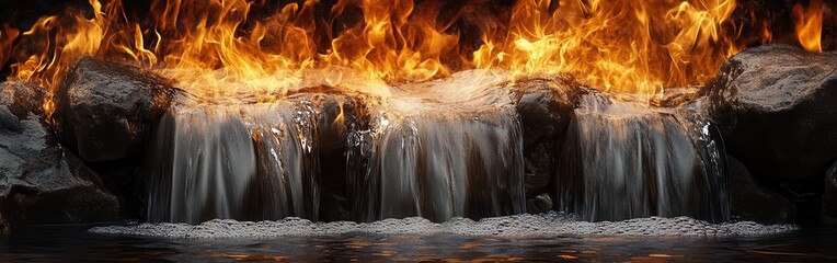 Poster - Stunning double exposure captures water cascading over rocks amidst fiery hues at a serene location