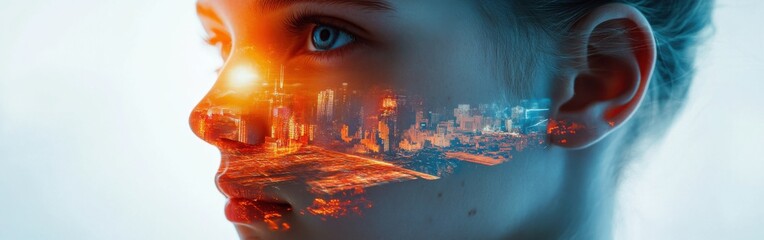 Poster - Young person's face with vibrant cityscape reflection showcasing depth and emotion