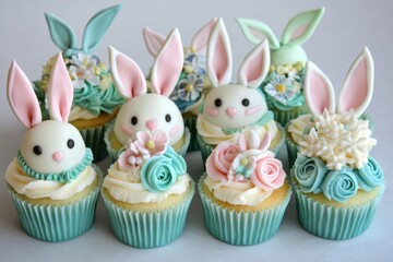 Wall Mural - Adorable Easter Bunny Cupcakes with Pastel Icings