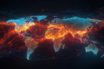 Fototapete - A vibrant, glowing map of the world, showcasing interconnected networks of light, representing data flow and global connectivity.