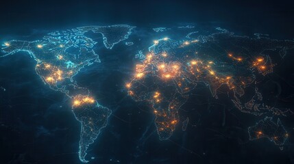 Fototapete - A digital world map illuminated by glowing points, representing global connectivity and data flow.