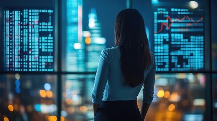 Fototapete - A woman gazes out at a city skyline, illuminated by digital displays, symbolizing technology and urban life.