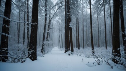  snowy winter road, fantasy forest background