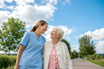 Happy caregiver walking with a senior woman