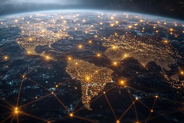 Fototapete - A stunning view of Earth from space, highlighting illuminated regions and interconnected networks across continents.