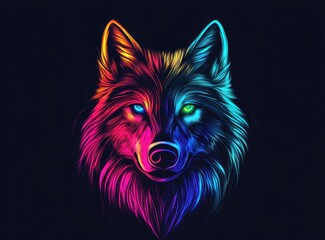 Naklejka na meble A neon wolf face, glowing with vibrant colors against the dark background