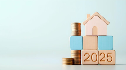 Wall Mural - A stack of wooden blocks featuring a house and coins, symbolizing real estate investment and financial planning for the year 2025.