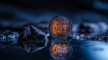 Leinwandbilder - Illuminated digital coin display underwater environment photography abstract concept close-up viewpoint technology impact
