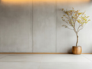 Minimalist interior design featuring a potted tree in a contemporary space