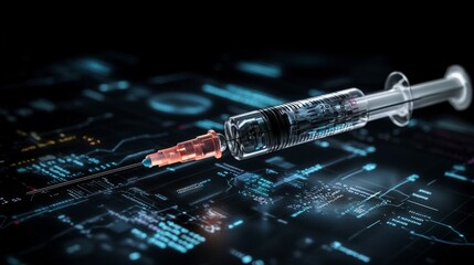 Poster - Syringe close-up with data charts medical analysis digital environment futuristic viewpoint tech concept