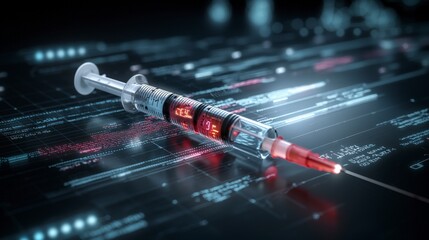 Poster - Syringe with data charts analyzing medical trends laboratory digital graphic scientific environment close-up health insights