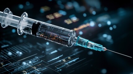Poster - Intricate closeup of a syringe with data charts laboratory medical analysis digital environment technical perspective