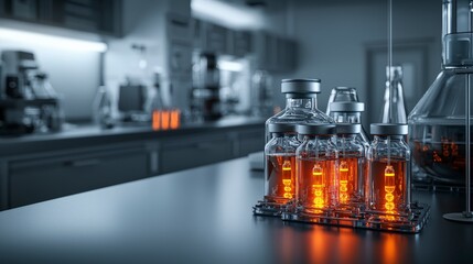 Poster - Futuristic laboratory showcasing glowing vials of vaccines high-tech environment scientific innovation modern viewpoint