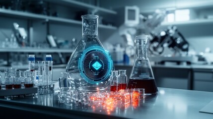 Leinwandbilder - Glowing blockchain icon enhances innovative health data visualization in laboratory technology concept