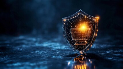 Poster - Digital shield icon protecting shopping cart e-commerce 3d graphics cybersecurity close-up innovation