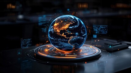 Poster - Digital visualization of a glowing earth surrounded by graphs modern office technology concept futuristic environment