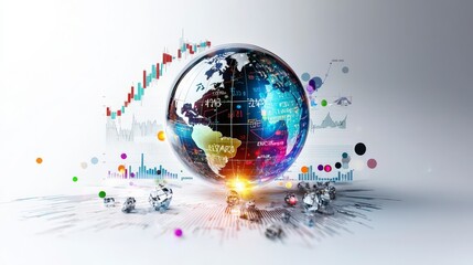 Aufkleber - Economic growth visualization with glowing globe and data charts in business environment creative digital art