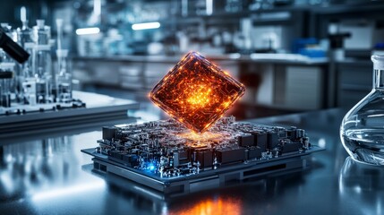 Fototapete - Advanced quantum computing technology display research laboratory digital art high-tech environment close-up view innovation
