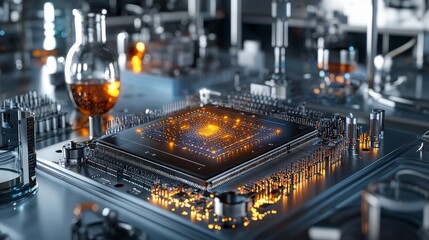 Poster - Futuristic quantum processor chip in a clean technology lab digital close-up high-tech environment innovative concept