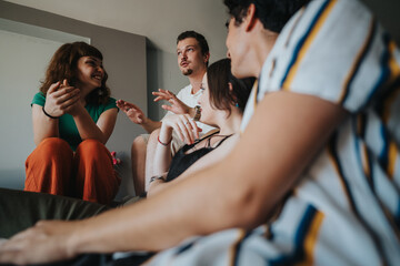 Wall Mural - A diverse group of young friends engaging in a lively discussion in a cozy indoor setting, expressing joy and connection. Casual and relaxed atmosphere fostering friendship and communication.