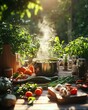 © Thanaseth - Steaming pot surrounded by fresh herbs and vegetables on a rustic wooden table