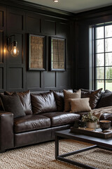 A living room with a brown leather couch and a coffee table