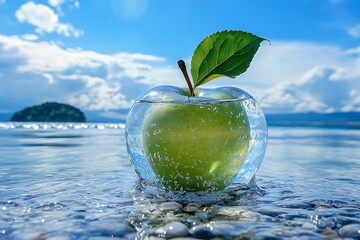 gala apples with drops of water isolated on white background. Green apple falling into water, isolated on white background.ecotourism and consumption of natural and organic fruits. Concept harmony bet