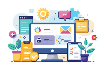 a colorful arrangement of digital workspace elements illustrating productivity tools and interaction