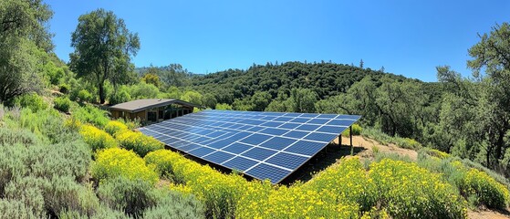 Poster - Solar energy system in a rural, forested setting, with trees and bushes in the background, emphasizing renewable energy and sustainability, AIgenerated photovoltaic panels