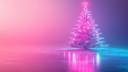 Wall Mural - abstract glowing neon christmas tree in magenta and cyan, its light creating reflections on a sleek 