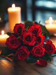 Wall Mural - Bunch of red roses on wooden table