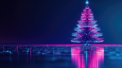 Wall Mural - a modern glowing neon christmas tree in hues of blue and magenta, standing alone on a reflective flo