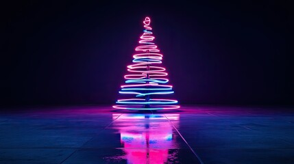Wall Mural - a modern glowing neon christmas tree in hues of blue and magenta, standing alone on a reflective flo