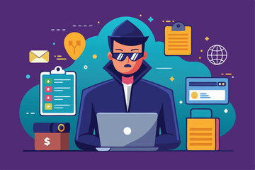 A person in sunglasses works intently on a laptop surrounded by various digital symbols and tools Trending hacker illustration for document security