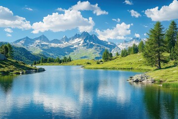 Wall Mural - Panoramic alpine lake majestic mountain peaks lush green meadows pristine blue water