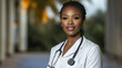 © Benjamin - Portrait of a attractive young confident black female doctor in her 30s posing with a confident and warm expression in hospital wearing medical coat.