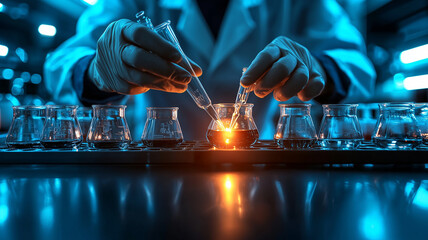 Scientist in laboratory analyzing blue substance in beaker, conducting medical research for pharmaceutical discovery, biotechnology development in healthcare, science and chemistry concept
