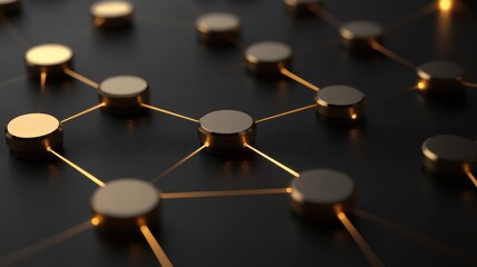 Canvas Print - abstract network of gold nodes and connections on a dark background.
